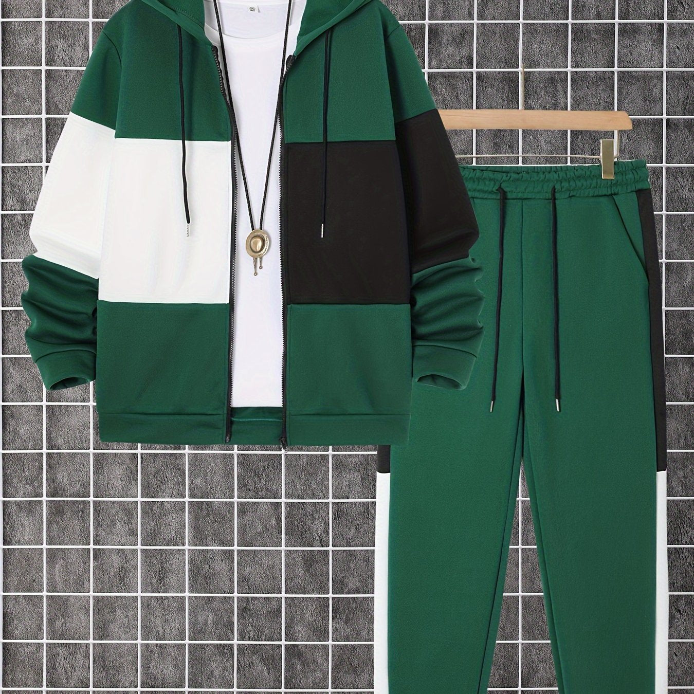 Men's clothing, two-piece set of contrasting color long-sleeved zippered hooded jacket and drawstring pants, suitable for outdoor activities