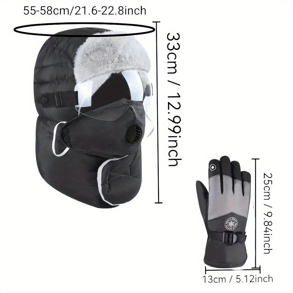 2pcs Set Winter Cycling Hat & Gloves – Fleece-Lined Earflap Face Mask Hat with Neck Warmer & Thickened Unisex Ski Gloves, Outdoor Sports Cold Weather Set