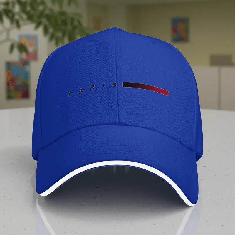 Unisex Paris Print Adjustable Baseball Cap – Blue & Red Striped PVC-Coated Sun-Proof Streetwear Hat for Men & Women