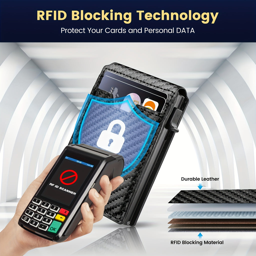 Men’s RFID Blocking Slim Wallet with Money Clip & ID Window – Carbon Fiber-Look Front Pocket Bifold Card Holder – Minimalist Black Wallet for Dad, Husband, Father’s Day & Valentine’s Day