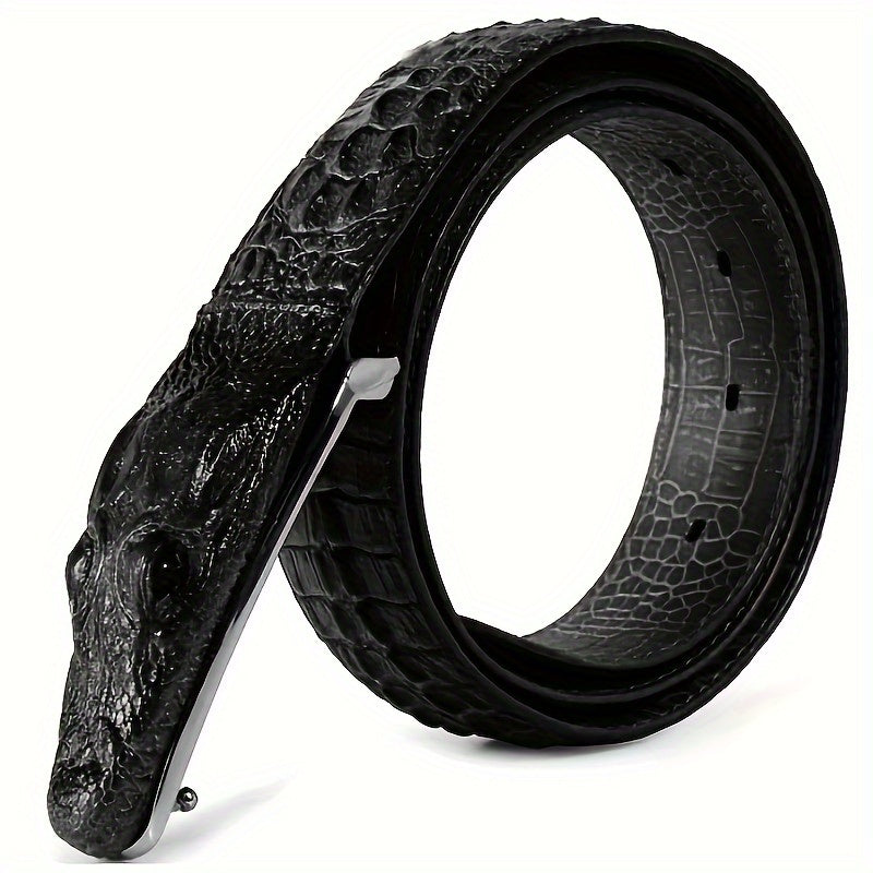 Men’s Crocodile Pattern Embossed Leather Belt – Black Two-Layer Cowhide Belt with Animal Buckle, Casual Fashion Waist Belt for Jeans & Dress Pants