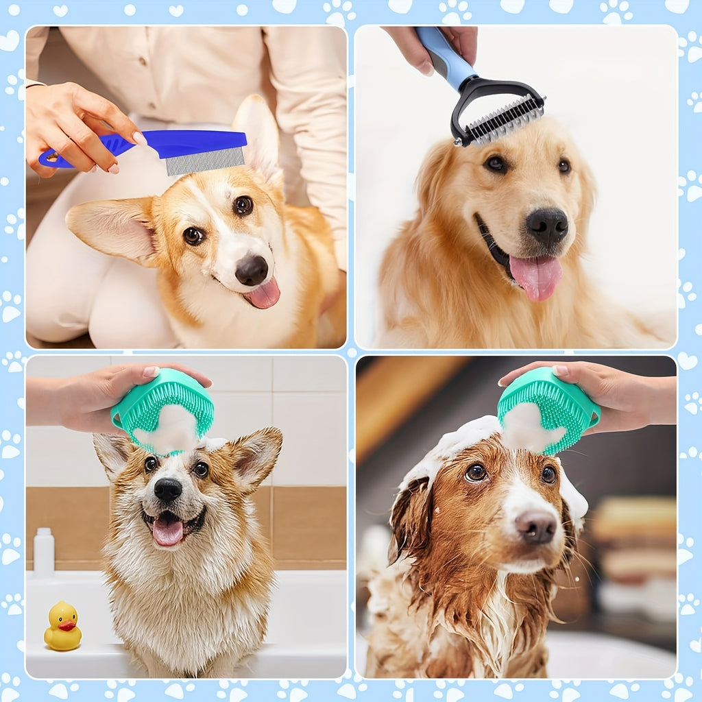 8pcs All-in-One Pet Grooming Kit – Heavy-Duty Nylon Brushes, Undercoat Rake, Nail Clippers & File for Dogs & Cats, Professional Home Deshedding Set for Large, Medium & Small Pets