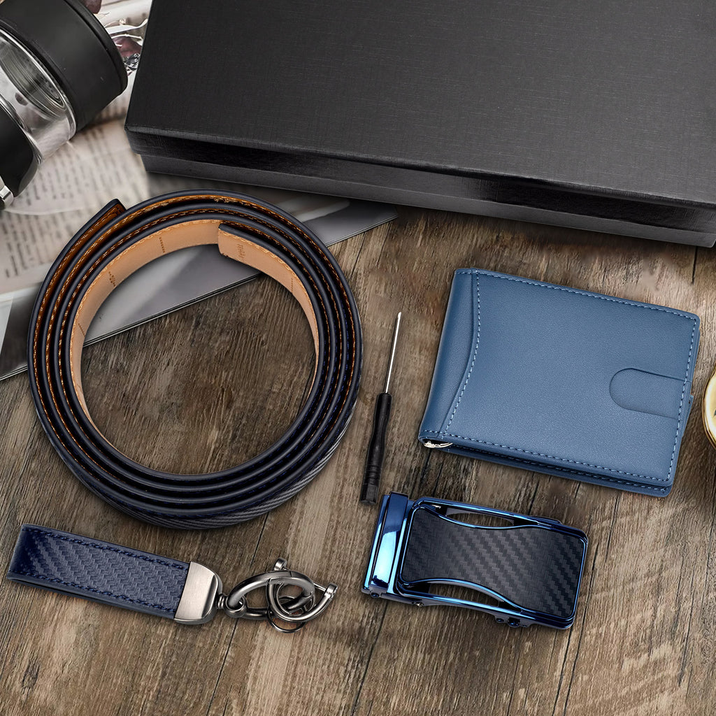 Men’s 4pcs Genuine Leather Belt Gift Set with Wallet & Keychain – Durable Microfiber & Cowhide Belt Combo in Gift Box – Best Father’s Day, Valentine’s & Christmas Present