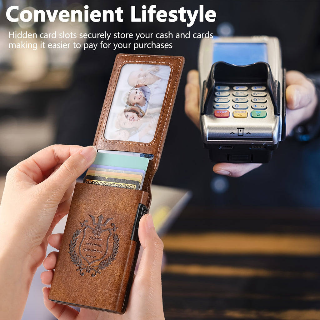 SUTENI Men’s Automatic Card Ejector Wallet – Light Brown Oil-Wax Faux Leather Business Wallet with Flip Cover, Photo Slot & Multiple Card Slots