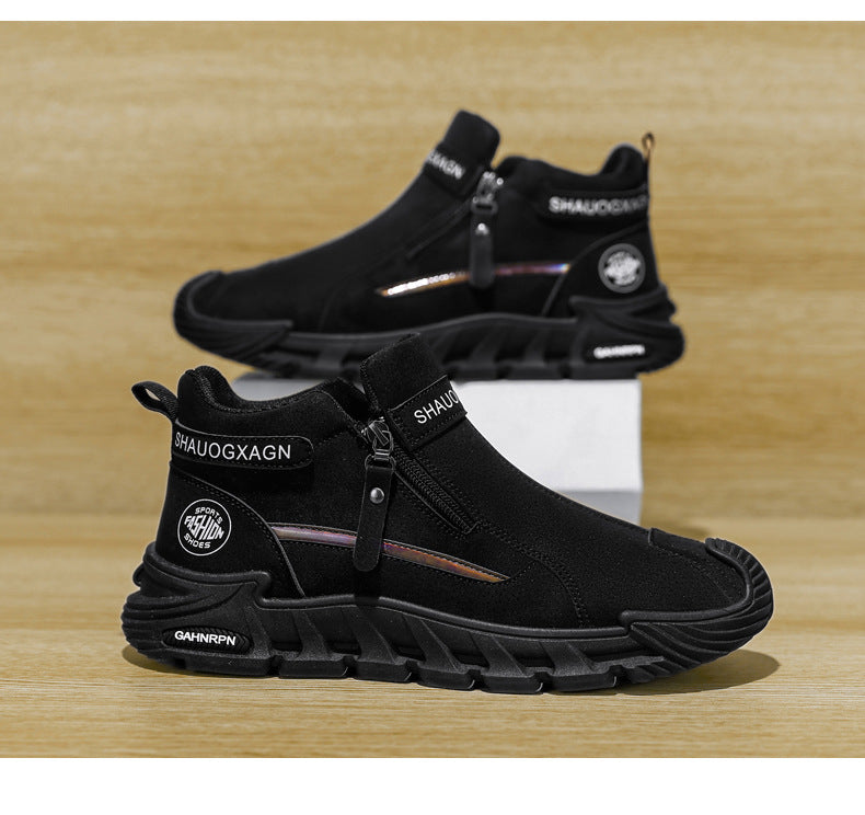 Men’s 2025 Mid-Top Zipper Sneakers – Microfiber Leather High-Top Style with Arch Support & Cushioned PVC Sole for Gym and Casual Wear