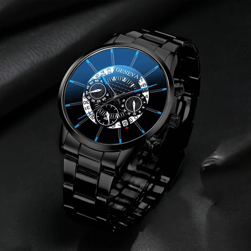 4pcs Men’s Stainless Steel Watch & Jewelry Gift Set – Quartz Business Watch with Matching Bracelet, Necklace & Ring for Anniversary, Birthday, Wedding & Promotions