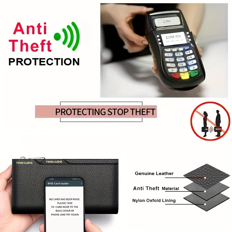 BANYANU Top Grain Leather Zipper Wallet – Large Capacity Multi-Card Holder with Lanyard, Faux Leather Lining & ID Window for Men and Women