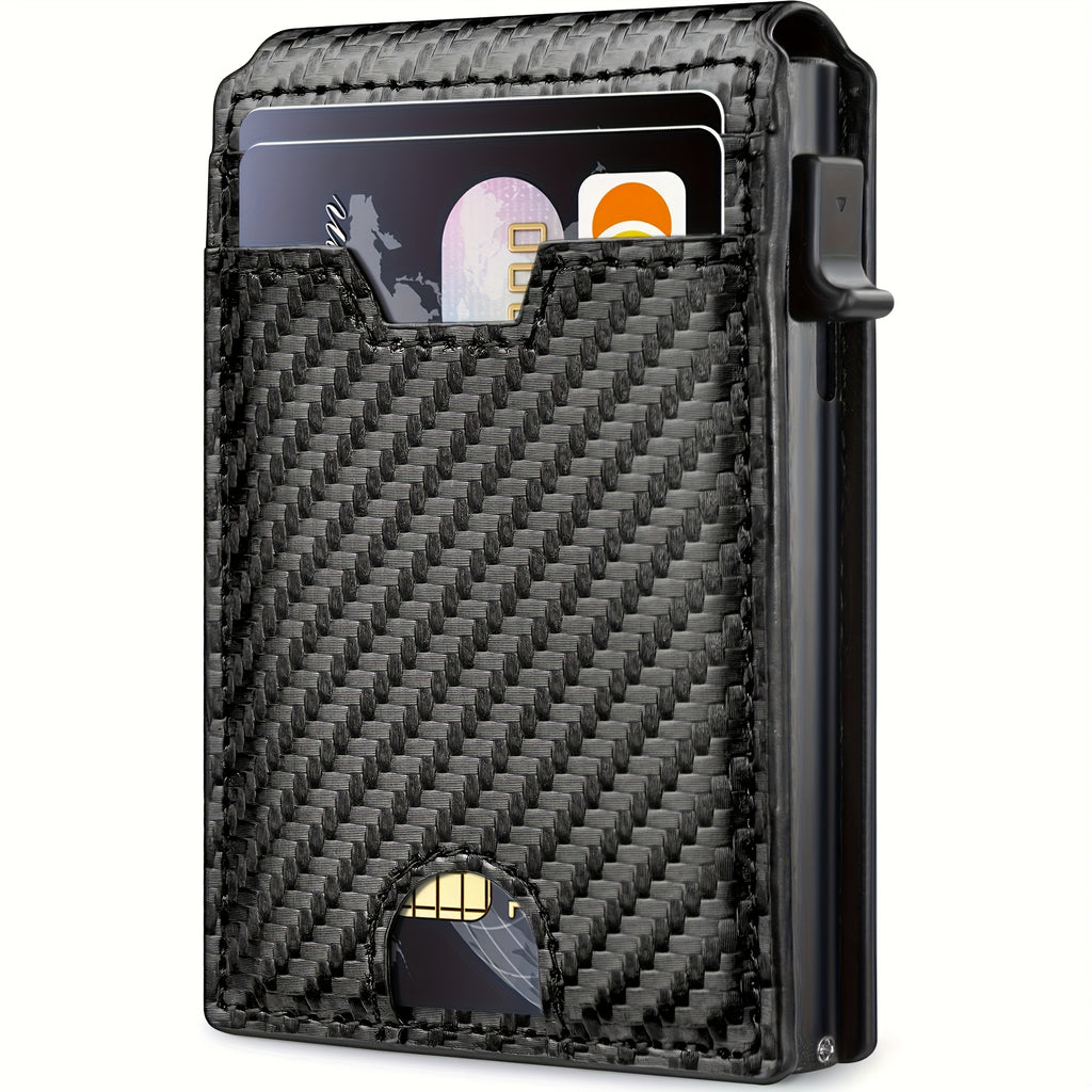 Men’s RFID Blocking Slim Wallet with Money Clip & ID Window – Carbon Fiber-Look Front Pocket Bifold Card Holder – Minimalist Black Wallet for Dad, Husband, Father’s Day & Valentine’s Day
