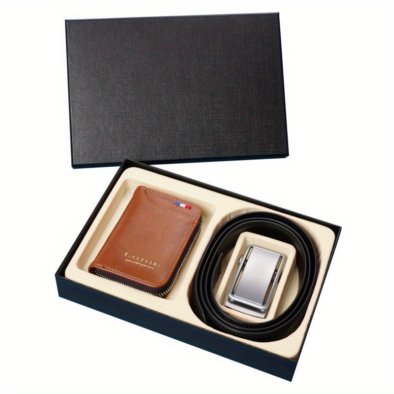 High-End Men’s Wallet & Automatic Buckle Belt Set – Premium PU Leather Gift Box for Dad, Husband & Gentlemen