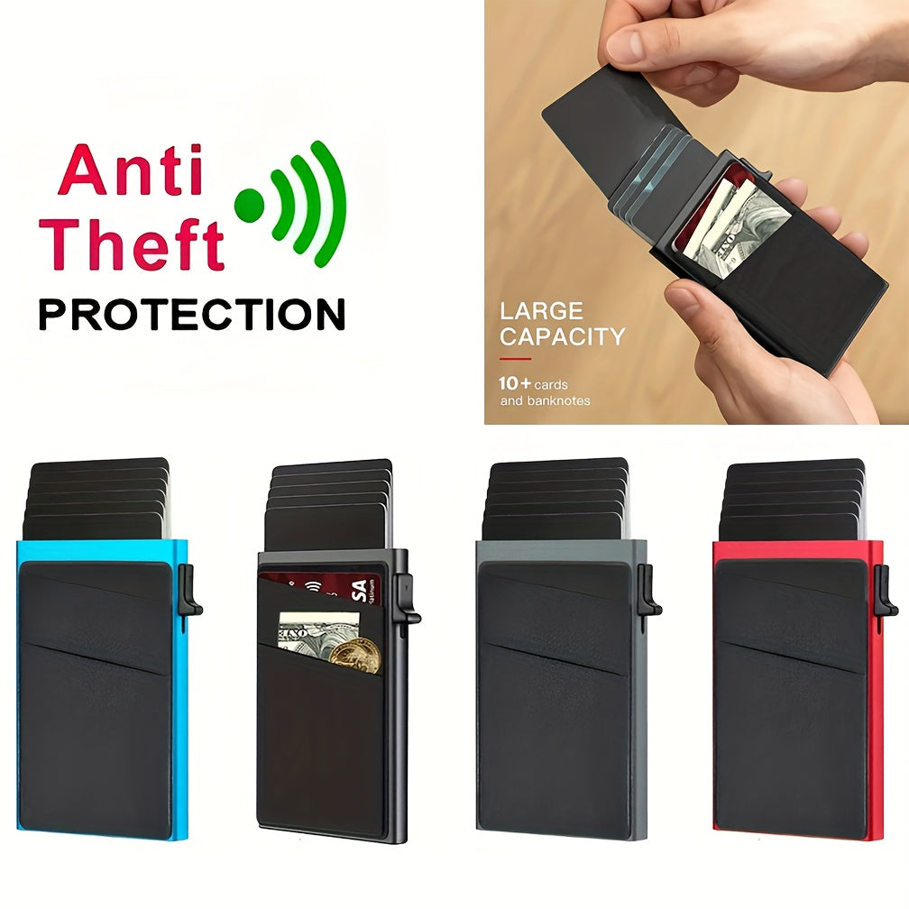 2pcs Ultra-Slim RFID Blocking Multifunctional Wallet, Credit Card Holder for Men - Automatic Pop-Up Card Holder with Money Pocket, Aluminum Alloy Minimalist Business Anti-Degaussing Credit Card Case for Notes, Coins, And Card
