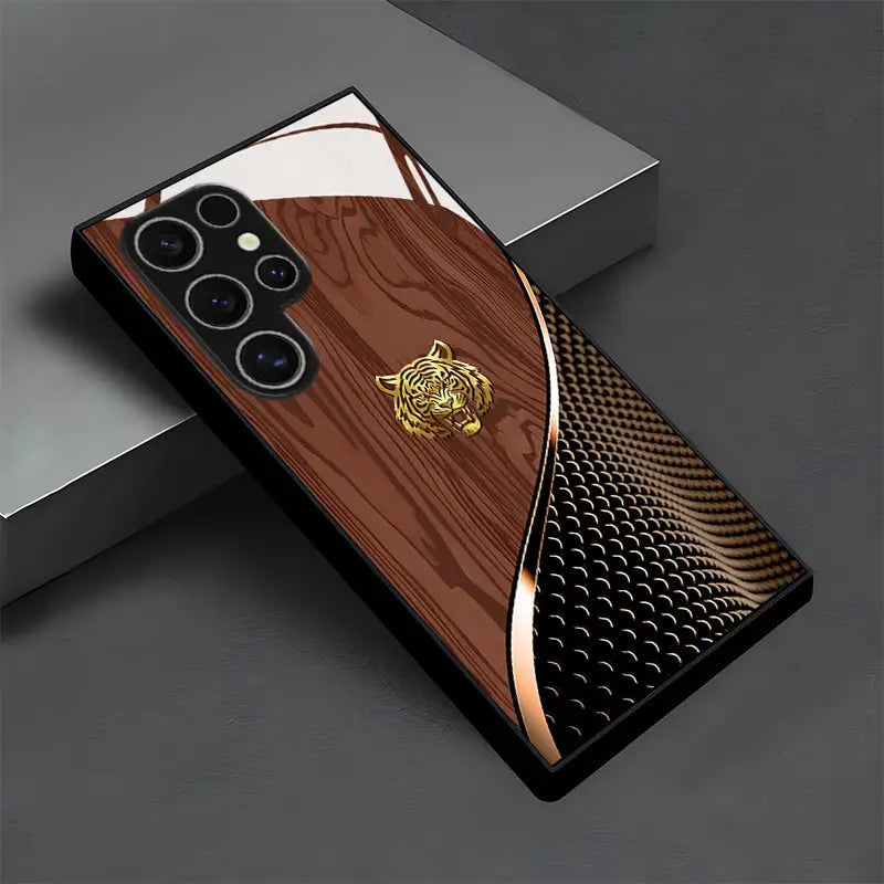 Golden Tiger Wood Grain Tempered Glass Case for Samsung Galaxy S25/S24/S23/S22/S20 & A Series – Luxury Metal Bling Designer Phone Cover/case.