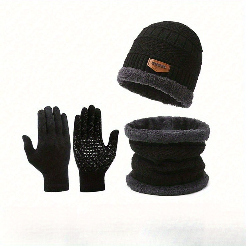 3pcs Unisex Winter Hat & Gloves Set – Furry Lined Adjustable Cap with Lightweight Gloves for Cycling & Outdoor Activities