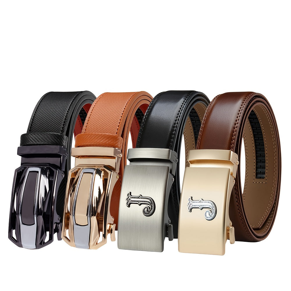 4-Pack Men’s Genuine Leather Belts with Automatic Golden Buckle – Brown Casual & Dress Belt Set for Business, Jeans, Office & Weddings
