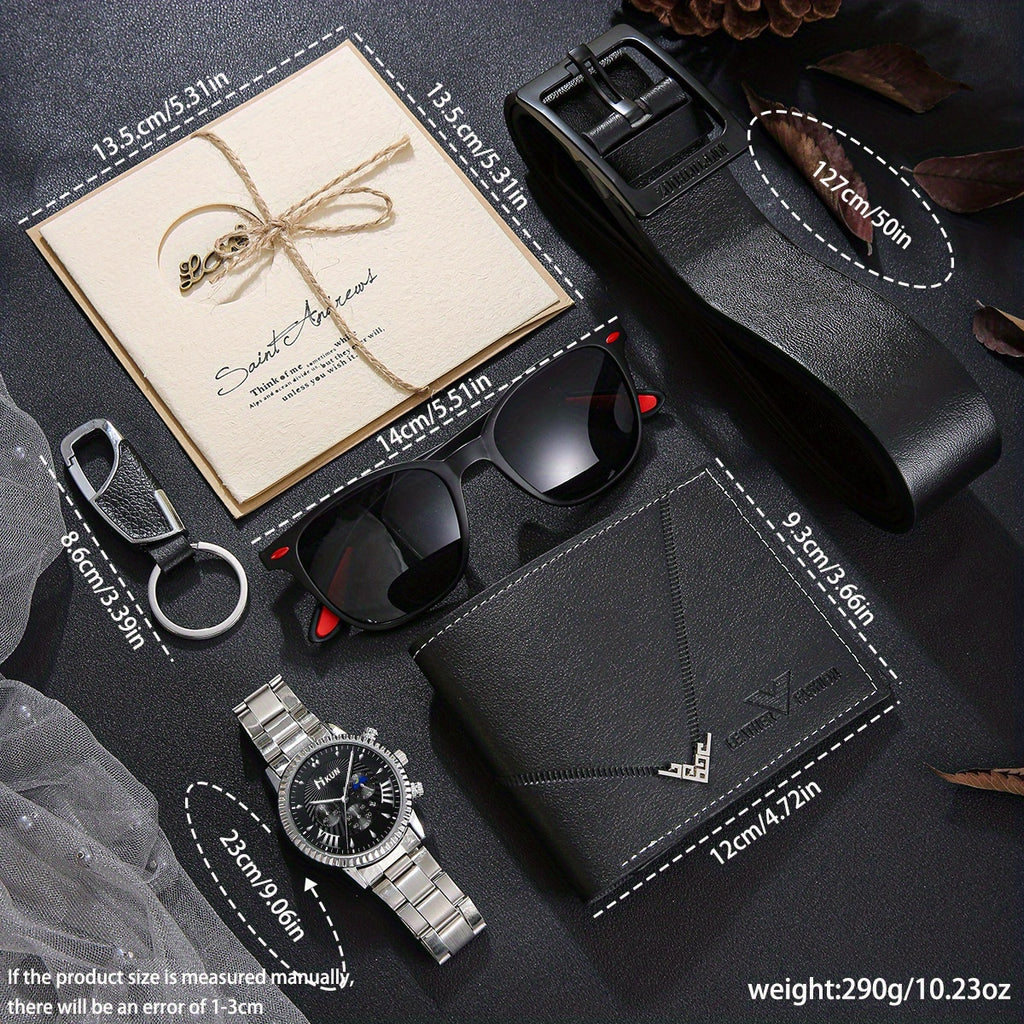 7-Piece Men’s Luxury Gift Set – Watch, Wallet, Belt, Sunglasses, Keychain, LED Light & Greeting Card with Gift Box – Perfect Birthday & Anniversary Present