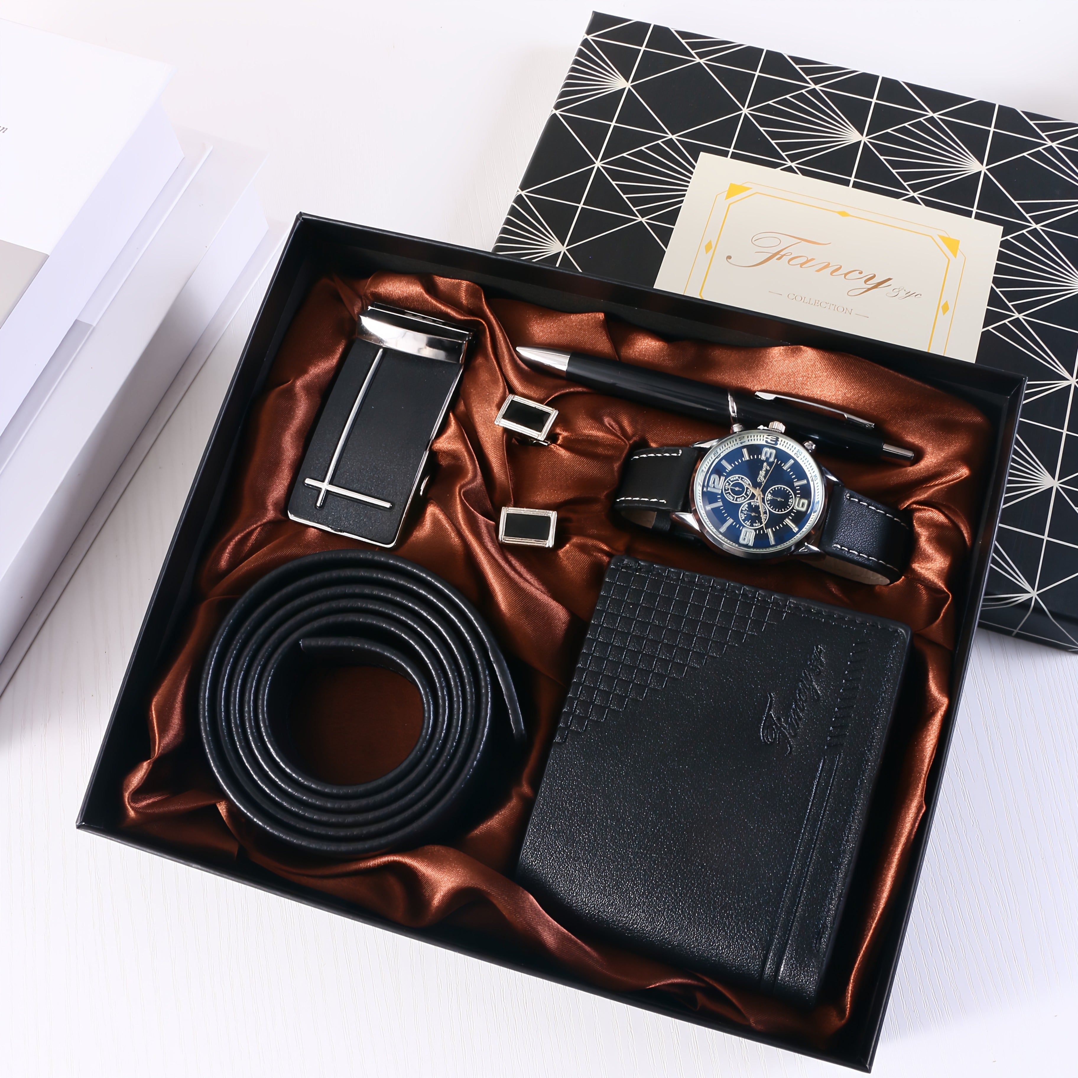 MLDSINCERE 8pcs Men’s Business Gift Set with Gift Box – Exquisite Watch, Cufflinks, Automatic Buckle Belt, Ballpoint Pen & More – Premium Father’s Day & Valentine’s Day Gift for Dad, Boyfriend & Husband