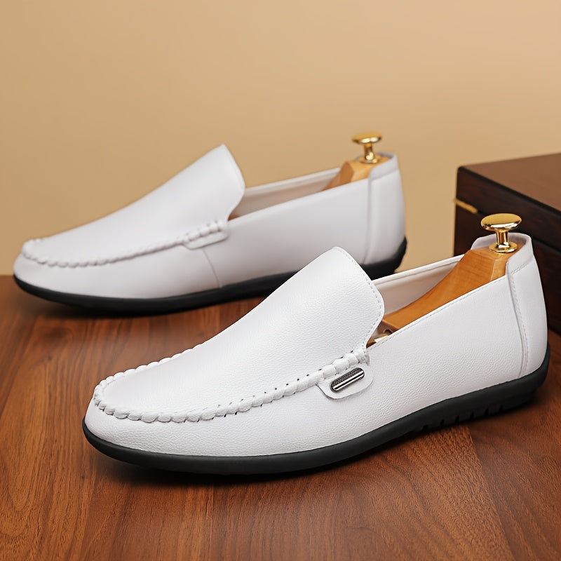 Men’s Business Casual Leather Loafers – Pointed Toe Slip-On Dress Shoes with Rubber Sole, All-Season Minimalist Office & Party Shoes (White)