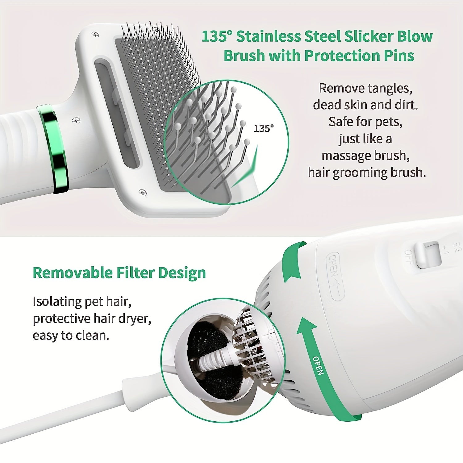 LIVEKEY 2-in-1 Pet Grooming Dryer with Adjustable Temperature & Slicker Brush – Dog & Cat Hair Dryer and Detangling Brush, Stainless Steel Bristles