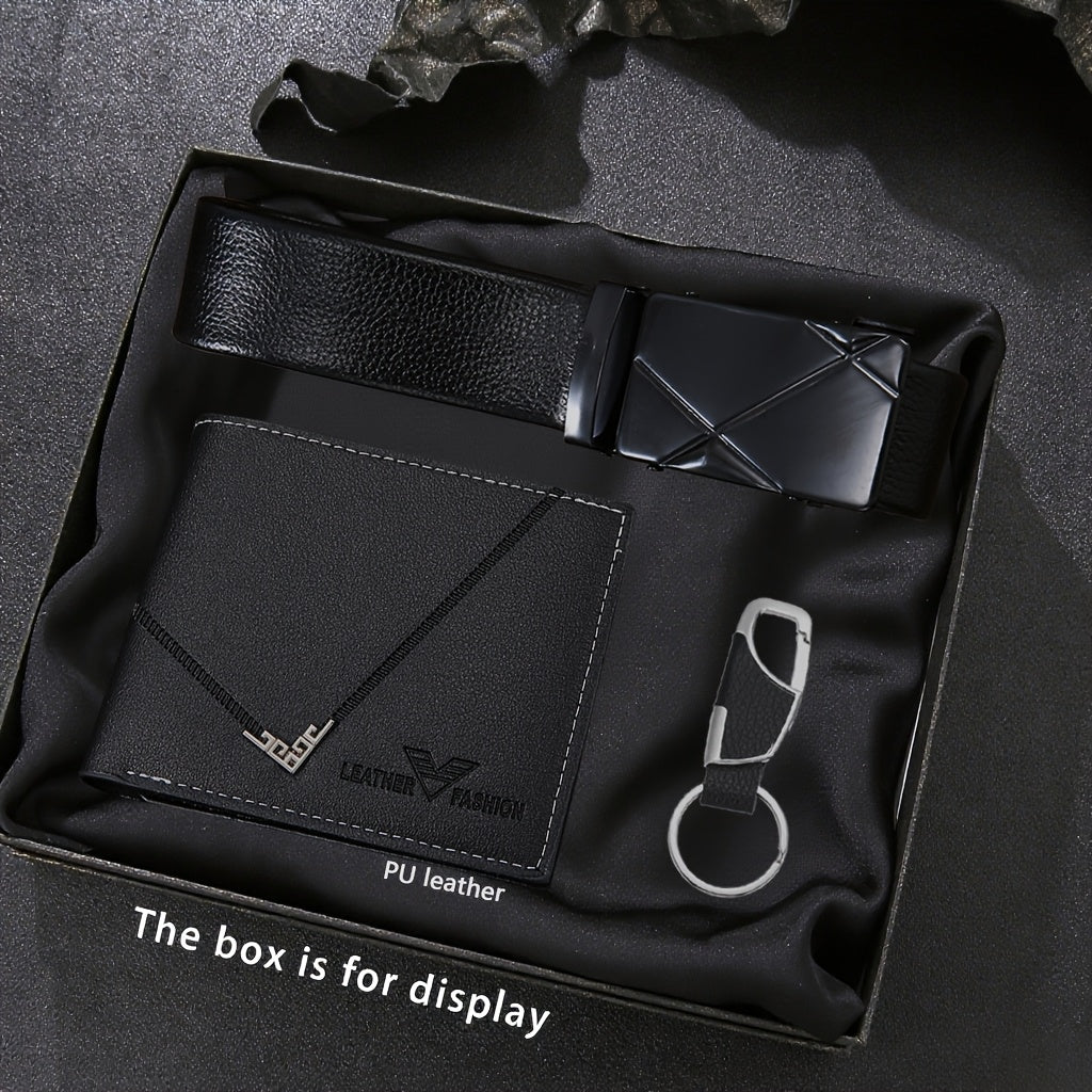 3-Piece Men’s Wallet, Belt & Keychain Set – Black PU Leather Casual Fashion Gift for Valentine’s Day, Anniversary & Daily Wear