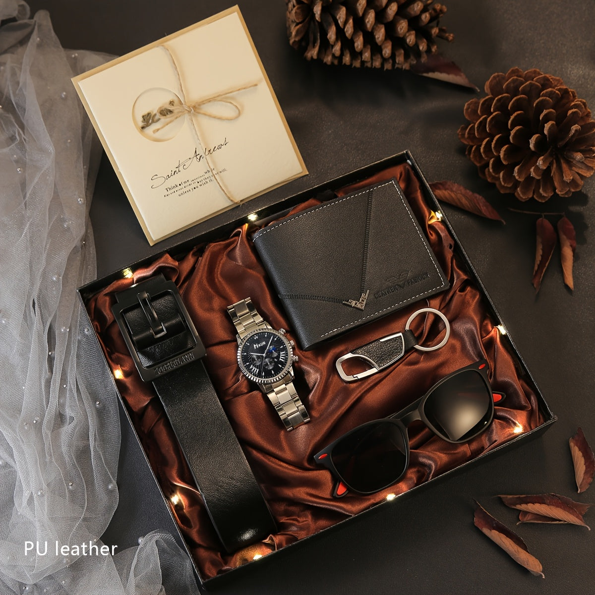 7-Piece Men’s Luxury Gift Set – Watch, Wallet, Belt, Sunglasses, Keychain, LED Light & Greeting Card with Gift Box – Perfect Birthday & Anniversary Present