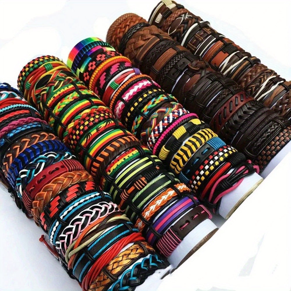 10pcs Mixed-Color Hand-Woven Bracelet Set – Retro Ethnic Vintage Style Unisex Artificial Leather Bracelets for Casual Wear & Halloween Gifts
