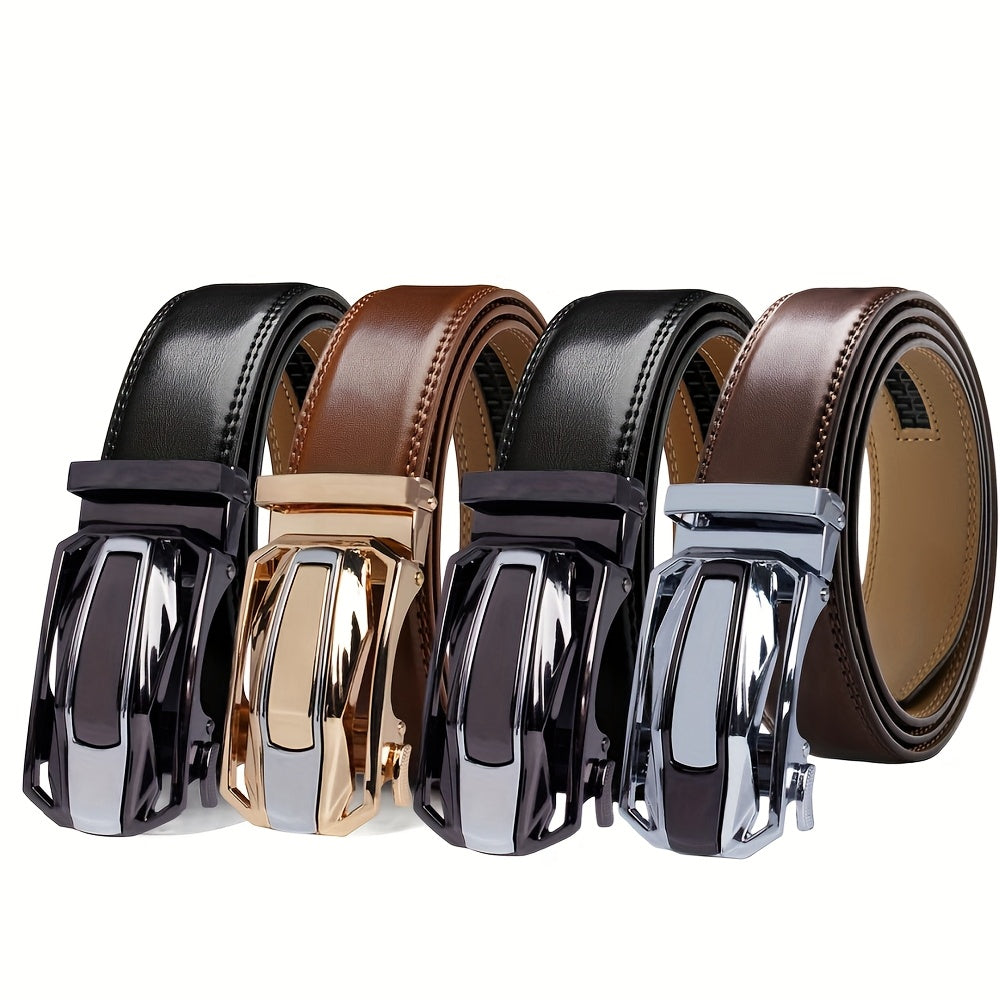 4-Pack Men’s Genuine Leather Belts with Automatic Golden Buckle – Brown Casual & Dress Belt Set for Business, Jeans, Office & Weddings