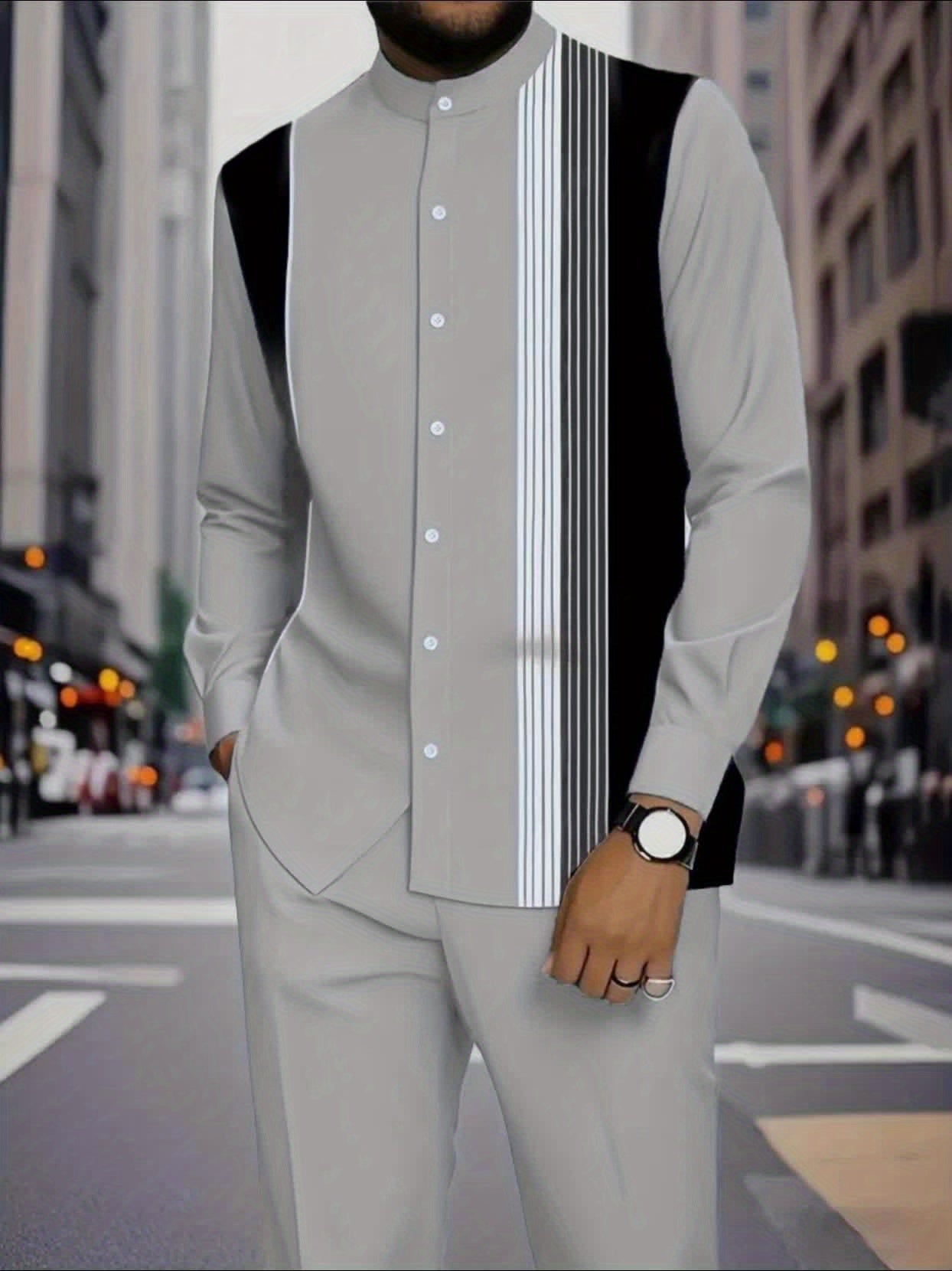 Men’s Light Gray Striped Casual Suit Set – Stand Collar Long-Sleeve Shirt & Trousers, Ethnic Style Spring/Autumn Outfit for Daily Wear & Commuting