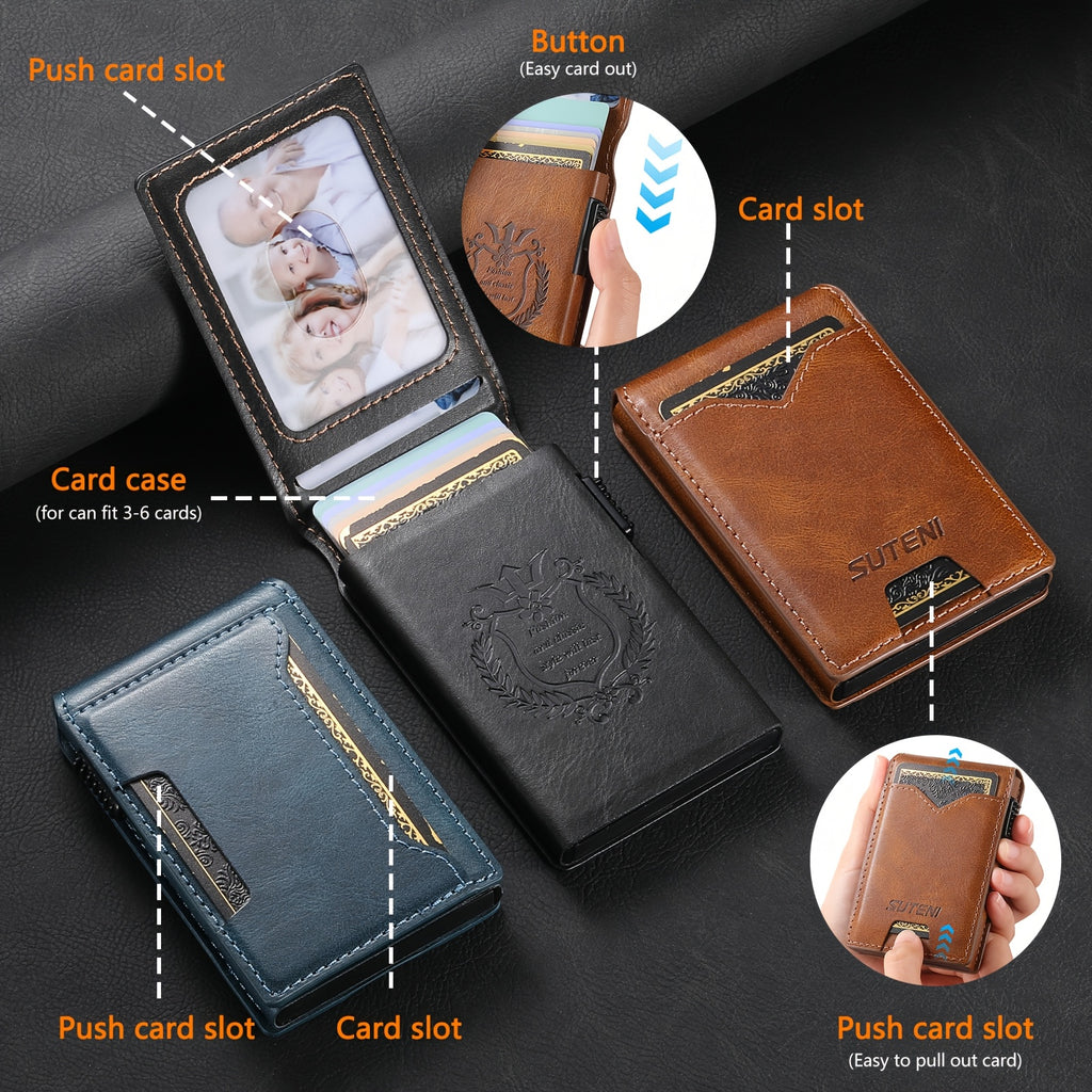 SUTENI Men’s Automatic Card Ejector Wallet – Light Brown Oil-Wax Faux Leather Business Wallet with Flip Cover, Photo Slot & Multiple Card Slots