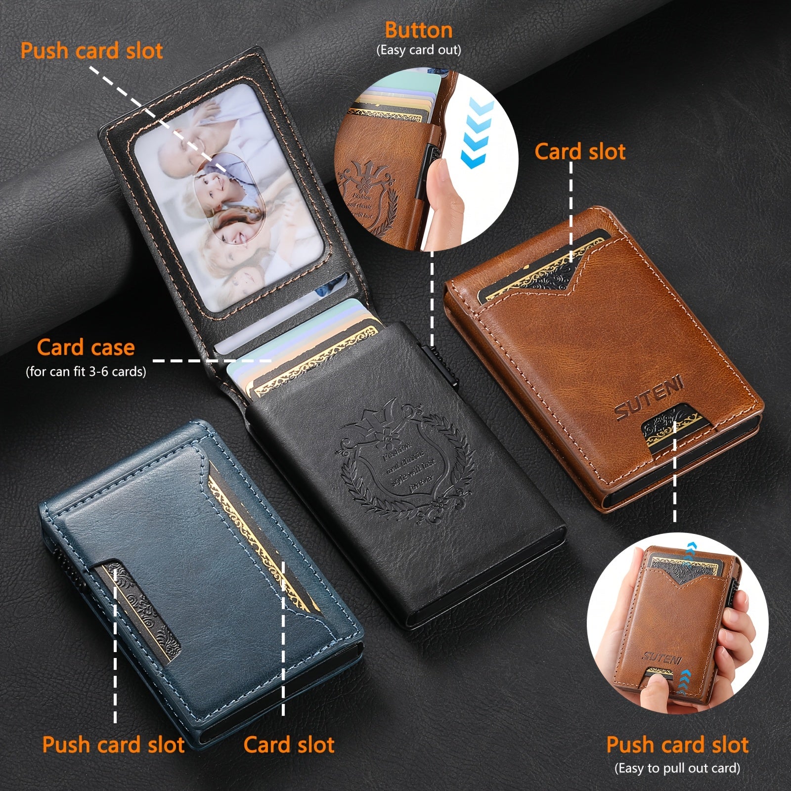 SUTENI Men’s Automatic Card Ejector Wallet – Light Brown Oil-Wax Faux Leather Business Wallet with Flip Cover, Photo Slot & Multiple Card Slots