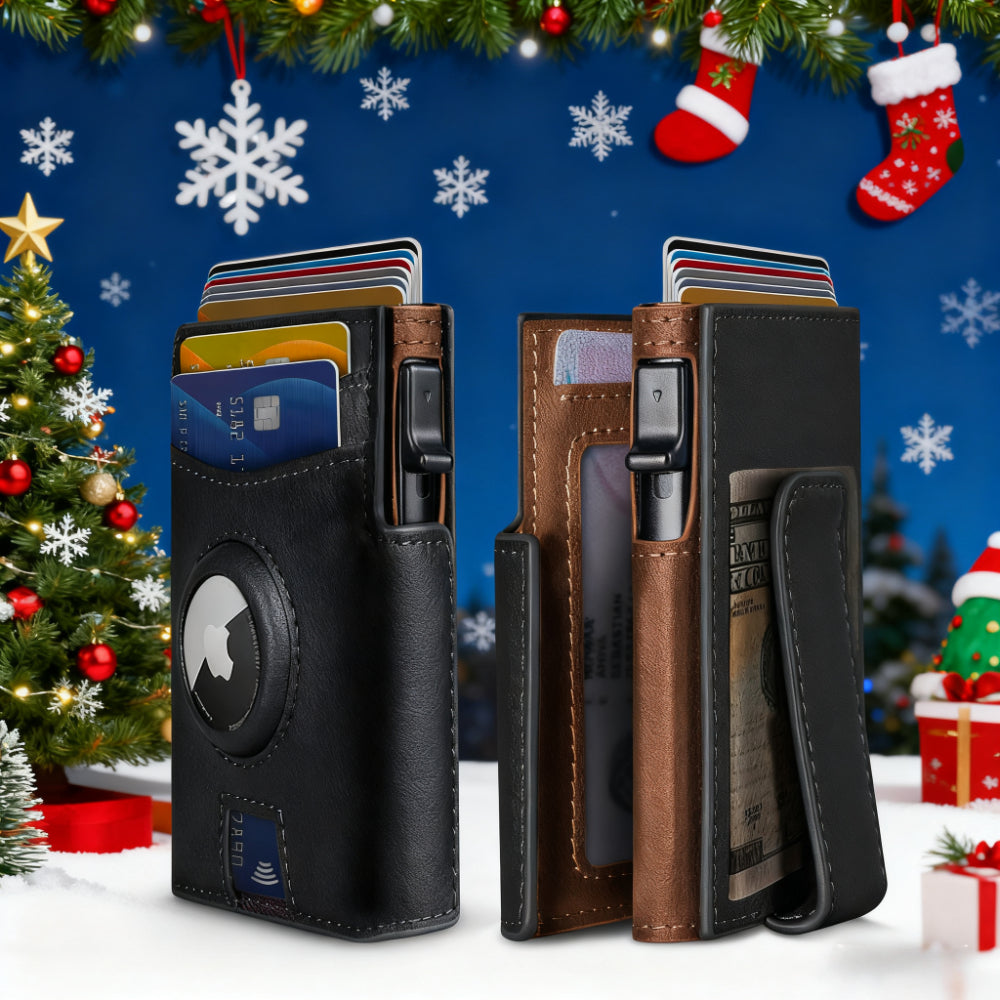 Ultra-Thin Magnetic RFID Men’s Flip Wallet with AirTag Slot – Black Microfiber Leather, Large-Capacity Anti-Theft Card Holder – Contrast Interior Business Wallet, Christmas & Valentine’s Gift (AirTag Not Included)