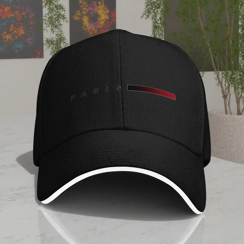 Unisex Paris Print Adjustable Baseball Cap – Blue & Red Striped PVC-Coated Sun-Proof Streetwear Hat for Men & Women