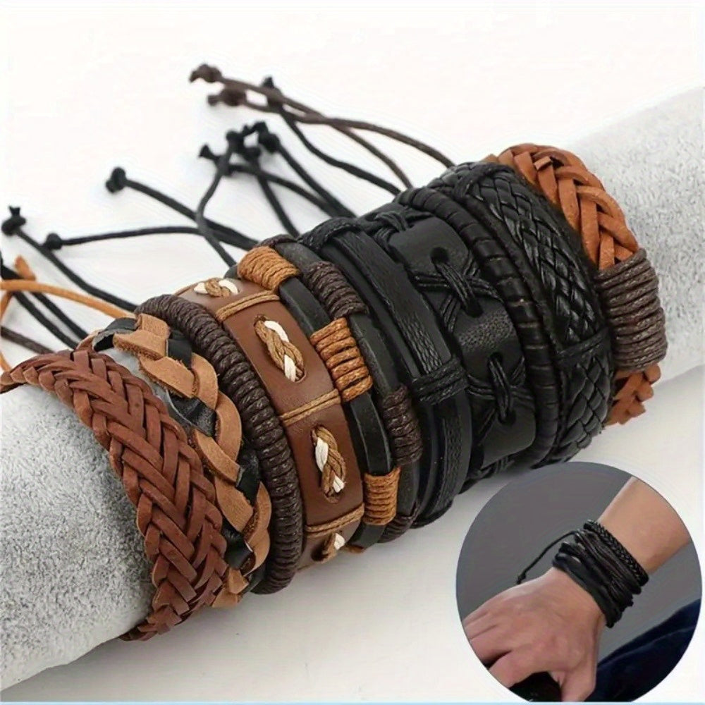 10pcs Mixed-Color Hand-Woven Bracelet Set – Retro Ethnic Vintage Style Unisex Artificial Leather Bracelets for Casual Wear & Halloween Gifts