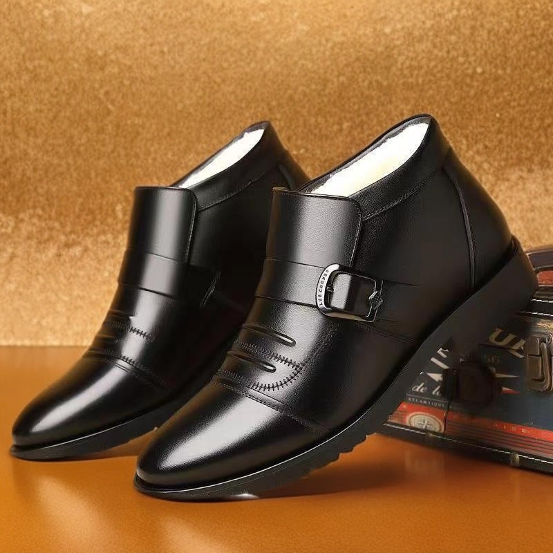 Men'S Winter Work Boots - Slip-On Business Casual Shoes with Non-Slip Rubber Sole, Warm Fleece Lining - Pointed Toe Formal & Everyday Boots for Elderly, Office, Wedding, Party - Easy-Clean Black Boots, Office Footwear, Sleek