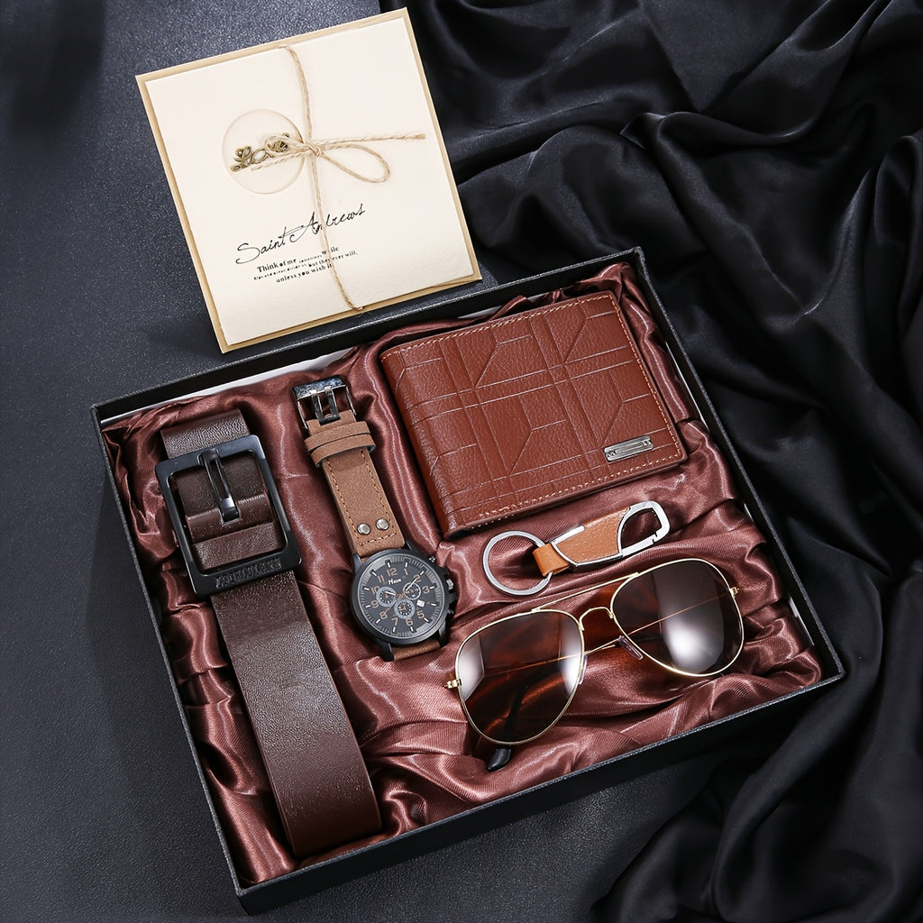 6-in-1 Men’s Dark Brown Christmas Gift Set – Quartz Watch, Wallet, Glasses, Belt, Keychain & Greeting Card – Business & Casual Luxury Accessories for Fathers, Leaders & Him