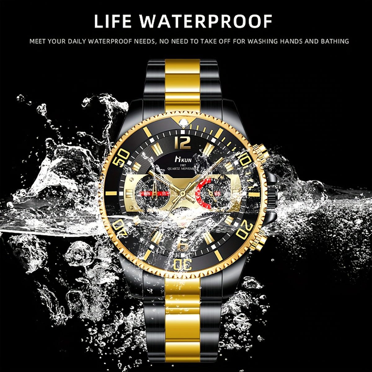 Men’s 5pcs Luxury Black Gift Set – Two-Tone Chronograph Watch, Wallet, Woven Nylon Automatic Belt, Pilot Glasses & Keychain in Elegant Box – Fashion Accessory Kit for Birthday, Halloween, Thanksgiving & Christmas