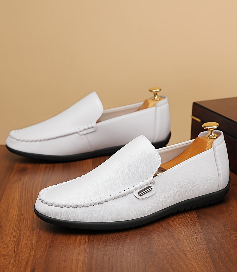 Men’s Business Casual Leather Loafers – Pointed Toe Slip-On Dress Shoes with Rubber Sole, All-Season Minimalist Office & Party Shoes (White)