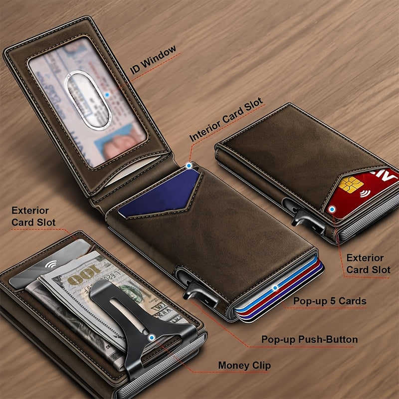Men’s Burgundy RFID Blocking Metal Wallet – Ultra-Thin Pop-Up Aluminum-Style Cardholder with Cash Pocket & ID Slot for Everyday Carry, Business & Travel