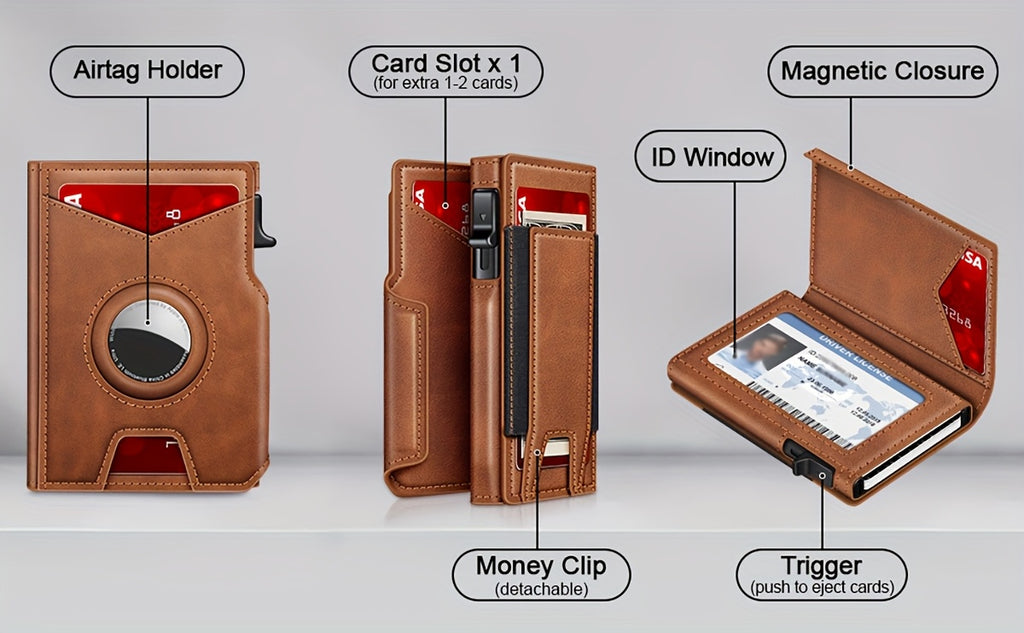 Men’s RFID Blocking Smart Bifold Wallet – Coffee Brown Microfiber Leather, Aluminum Card Holder, Elastic Cash Slot & Magnetic Closure