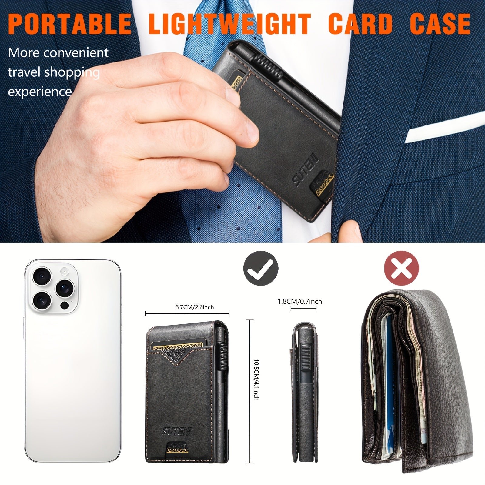 SUTENI Men’s Automatic Card Ejector Wallet – Light Brown Oil-Wax Faux Leather Business Wallet with Flip Cover, Photo Slot & Multiple Card Slots