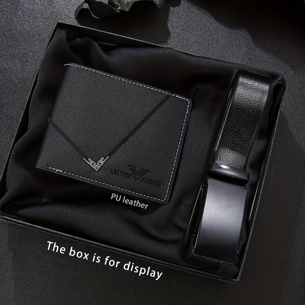 2-Piece Men’s Luxury Black Wallet & Belt Set – Slim PU Leather Dress Combo with Gold-Tone Logo – Valentine’s & Birthday Gift for Him