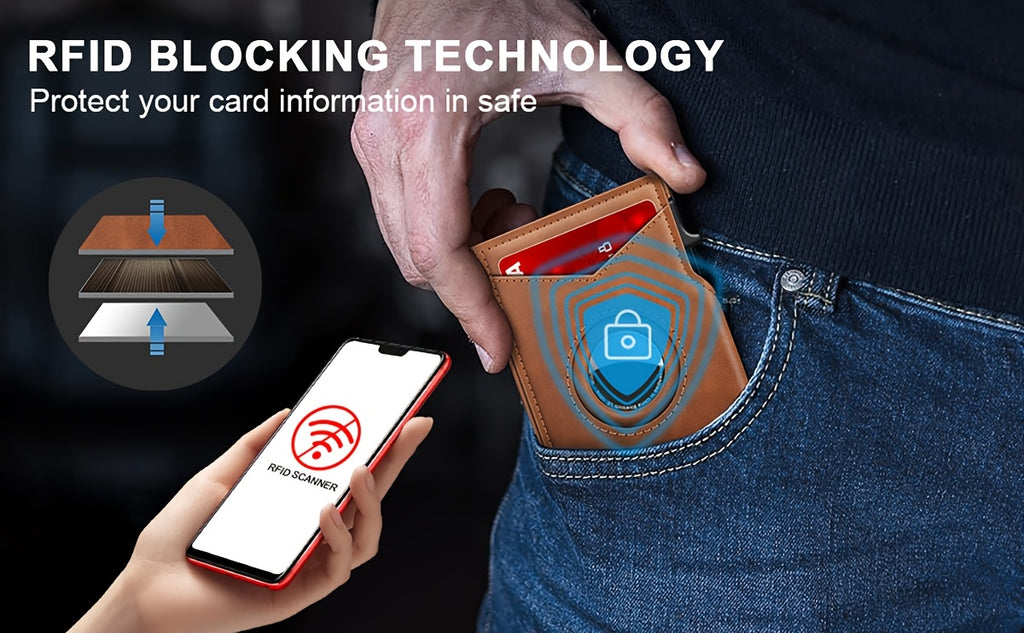 Men’s RFID Blocking Smart Bifold Wallet – Coffee Brown Microfiber Leather, Aluminum Card Holder, Elastic Cash Slot & Magnetic Closure