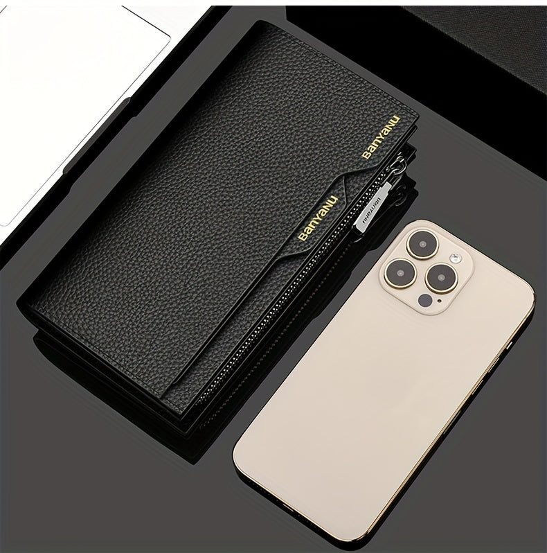 BANYANU Top Grain Leather Zipper Wallet – Large Capacity Multi-Card Holder with Lanyard, Faux Leather Lining & ID Window for Men and Women