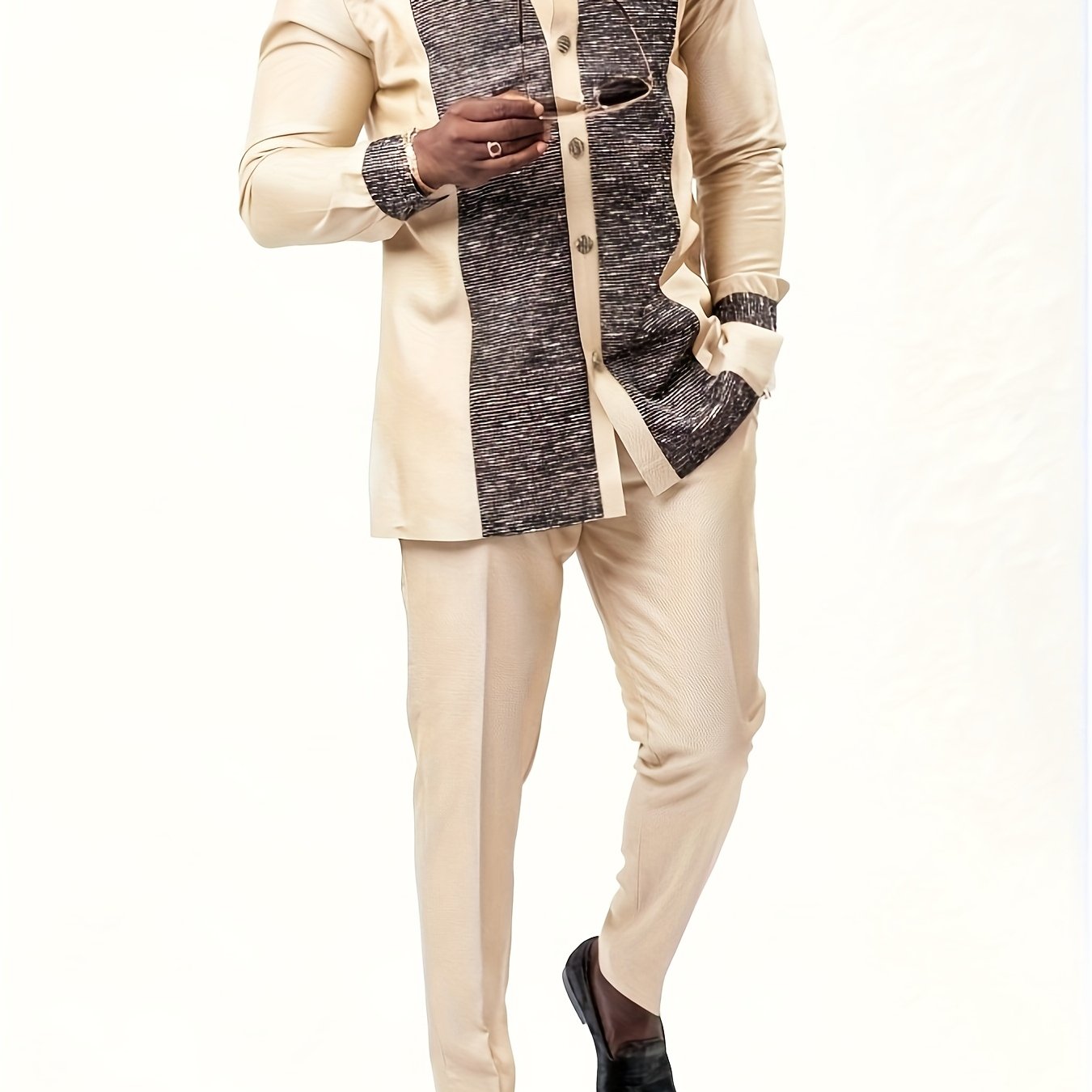 2025 Luxury Traditional Men’s Two-Piece Suit Set – Ethnic Style Long-Sleeve Shirt & Pants with Belt, Patchwork Party Outfit for Travel, Banquet & Casual Wear