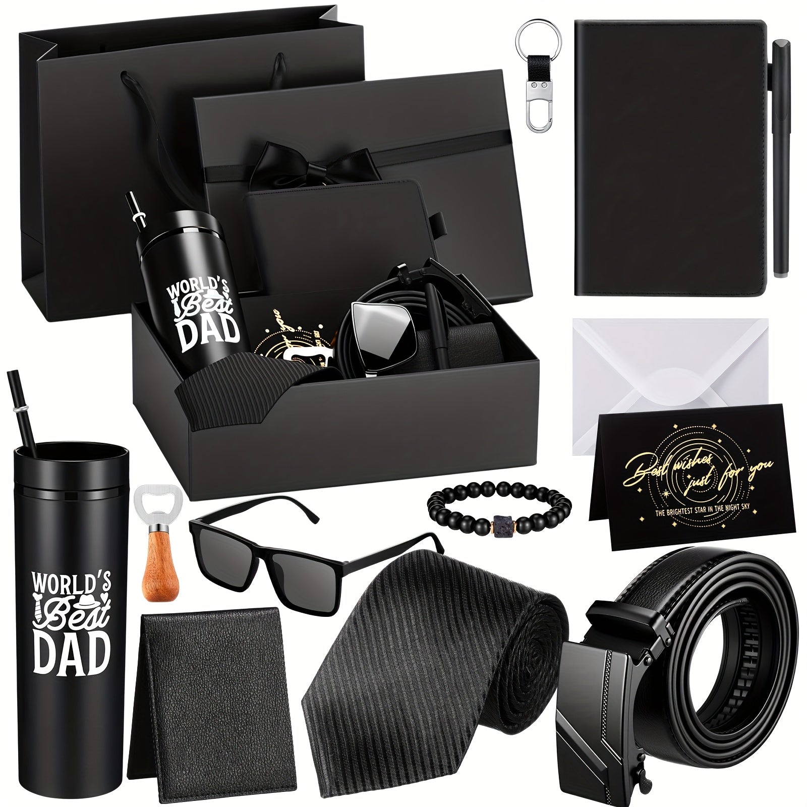 12-Piece Men’s Luxury Gift Set – Tumbler, Wallet, Tie, Belt, Keychain, Glasses, Pen, Journal & More in Premium Gift Box & Bag for Dad, Husband & Him – Birthday, Father’s Day, Christmas & Halloween