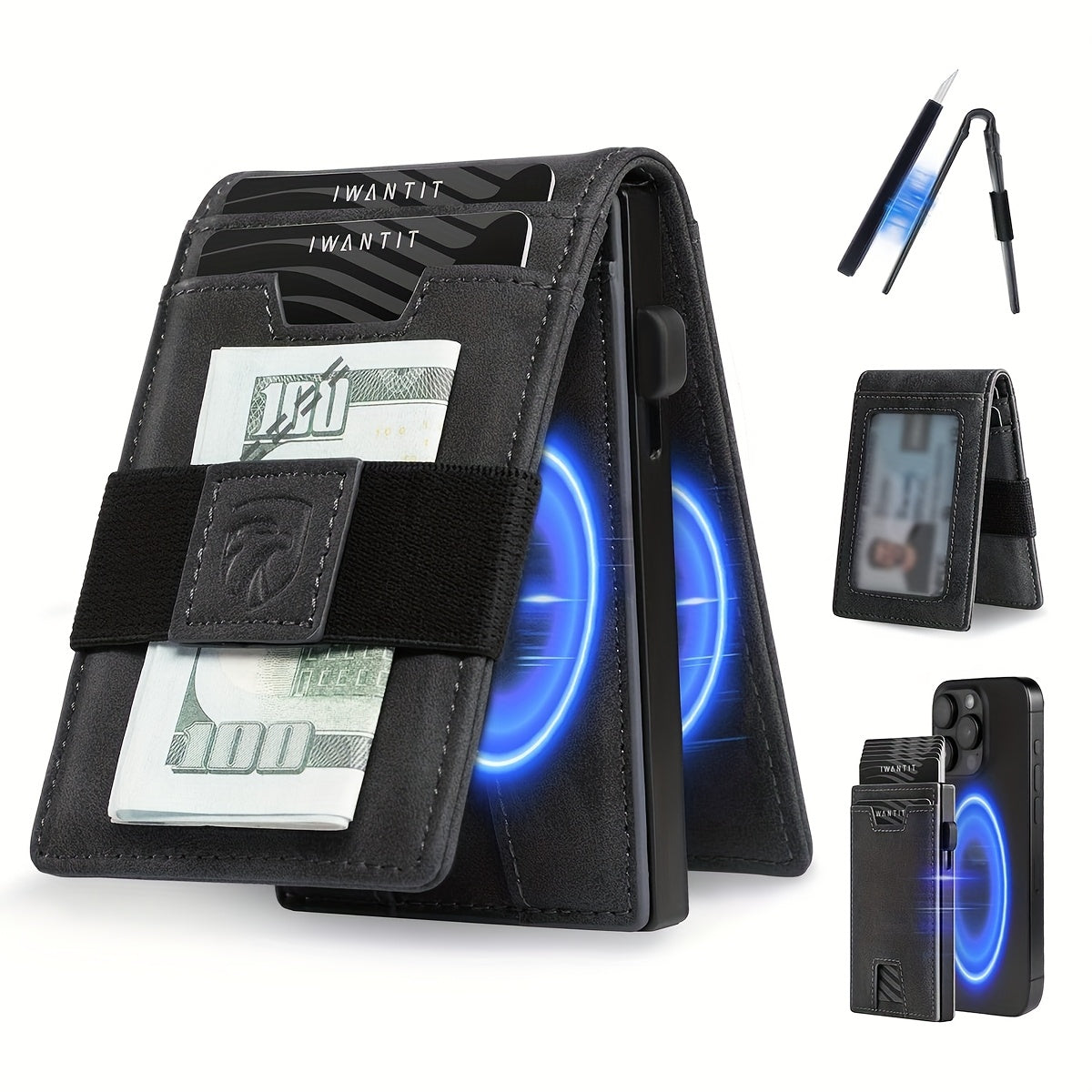 Men's Minimalist Wallet with Credit Card Holder, Premium Full Grain Leather, Smart Pop-up Design, Slim Trifold Wallet, RFID Protection, Front Pocket, ID Window, Father's Day wallet (No Airtag Included)