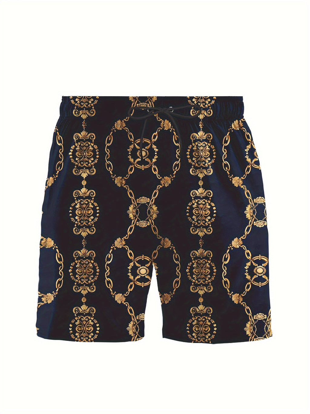 Men’s 3-Piece Retro Beach Outfit Set – Golden Chain Hawaiian Sportswear with Shirt, Shorts & Bucket Hat