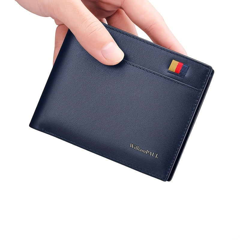 WilliamPAUL Men’s Slim Wallet – Blue Top-Grain Leather with Black & Golden Contrast Stitching, Card Holder, Coin Pocket & Document Organizer