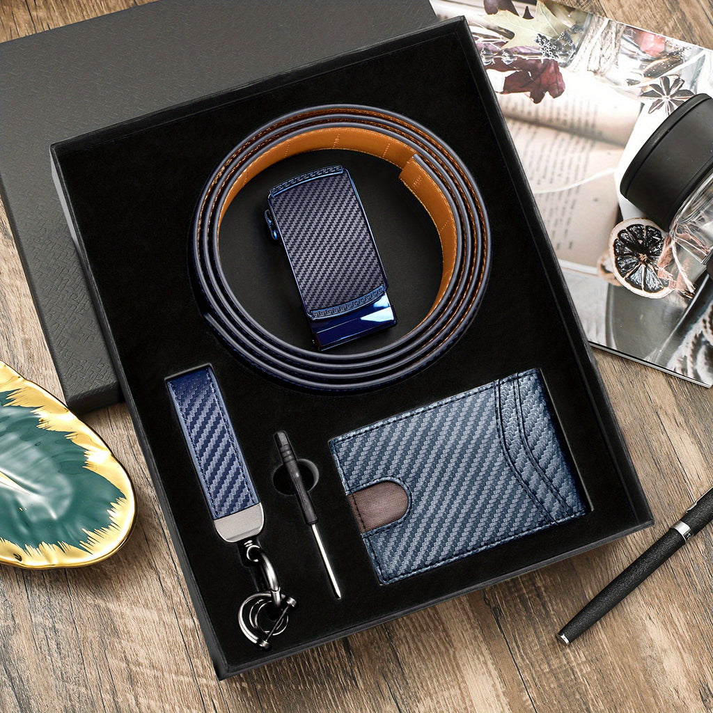 4pcs Men’s Top-Grain Leather Ratchet Belt & Wallet Gift Set – Blue Wallet, Keychain & Gift Box – Perfect Birthday, Father’s Day, Graduation & Valentine’s Day Present