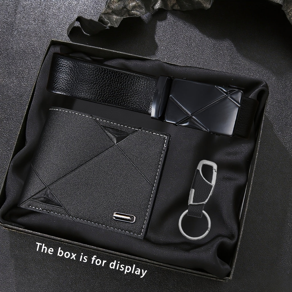 3-Piece Men’s Luxury Black Wallet, Belt & Keychain Set – Heavy-Duty PU Leather Gift for Him, Perfect for Valentine’s Day, Easter & Ramadan
