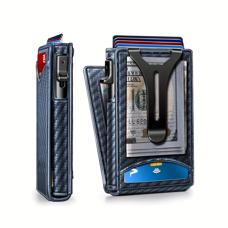 Men’s Burgundy RFID Blocking Metal Wallet – Ultra-Thin Pop-Up Aluminum-Style Cardholder with Cash Pocket & ID Slot for Everyday Carry, Business & Travel