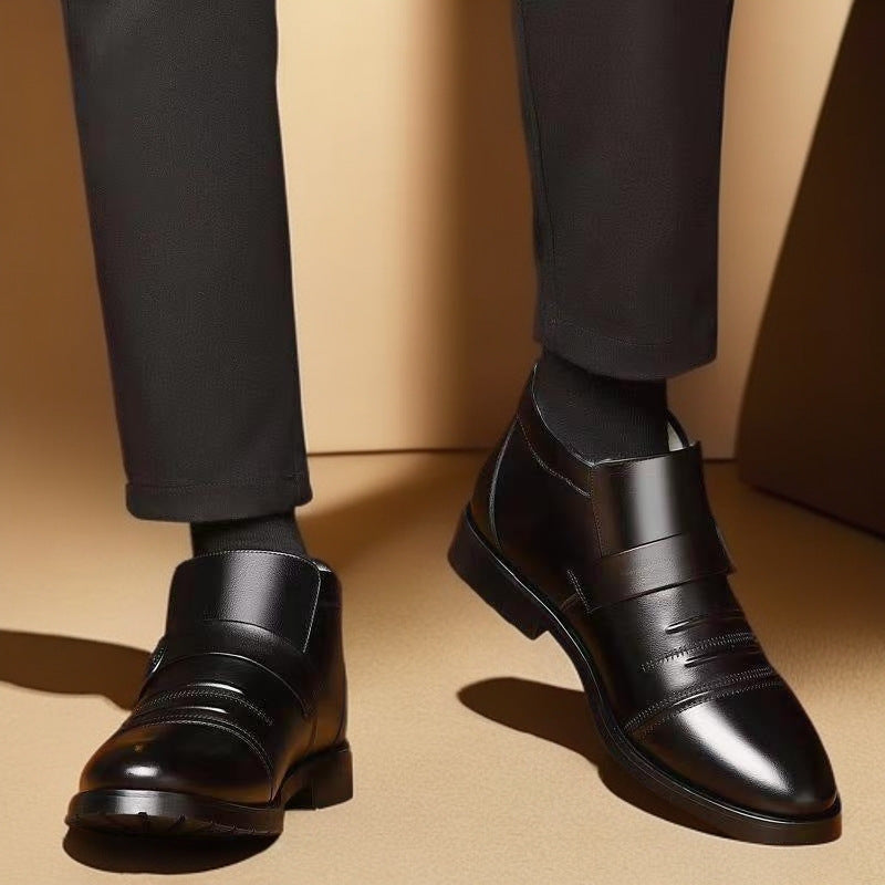 Men'S Winter Work Boots - Slip-On Business Casual Shoes with Non-Slip Rubber Sole, Warm Fleece Lining - Pointed Toe Formal & Everyday Boots for Elderly, Office, Wedding, Party - Easy-Clean Black Boots, Office Footwear, Sleek